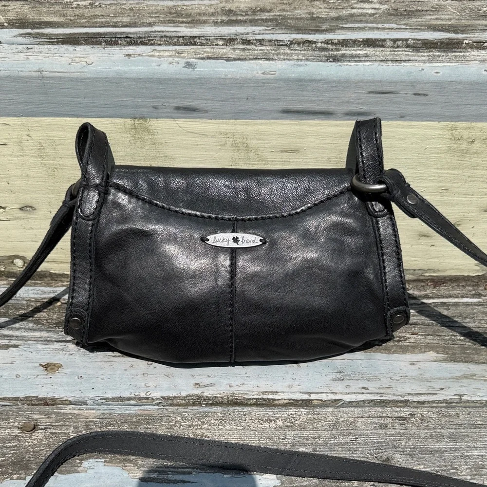 Lucky Brand Black Leather Crossbody Bag Small Studded Biker Boho Hippie Purse - Picture 4 of 8